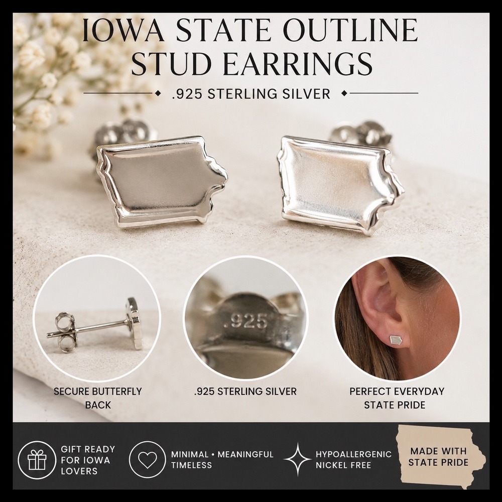 Iowa State Outline Stud Earrings .925‎ Sterling Silver Minimalist Jewelry NWOT